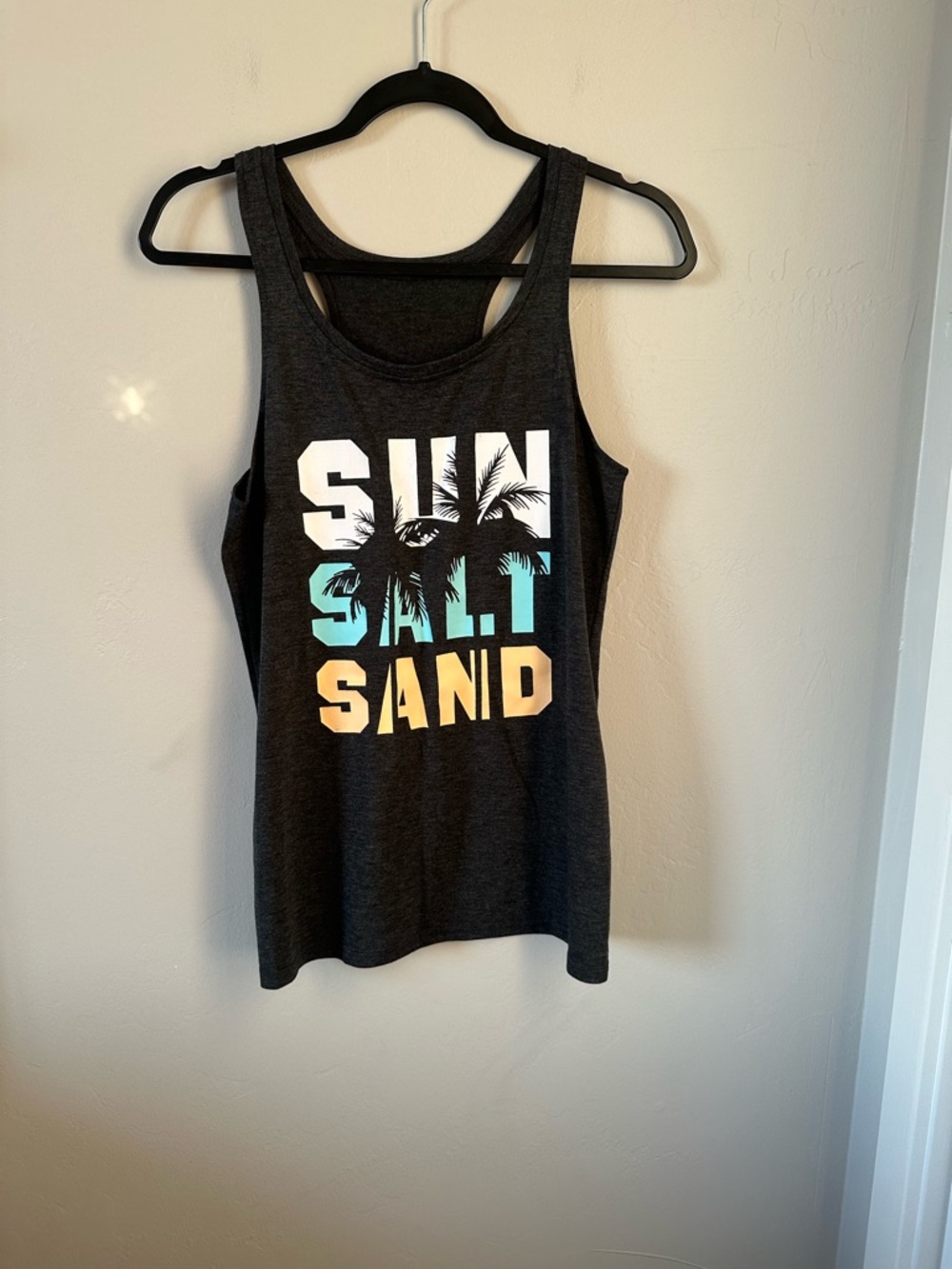 Amazon Black Tank Top with White, Teal & Yellow Beach Graphic